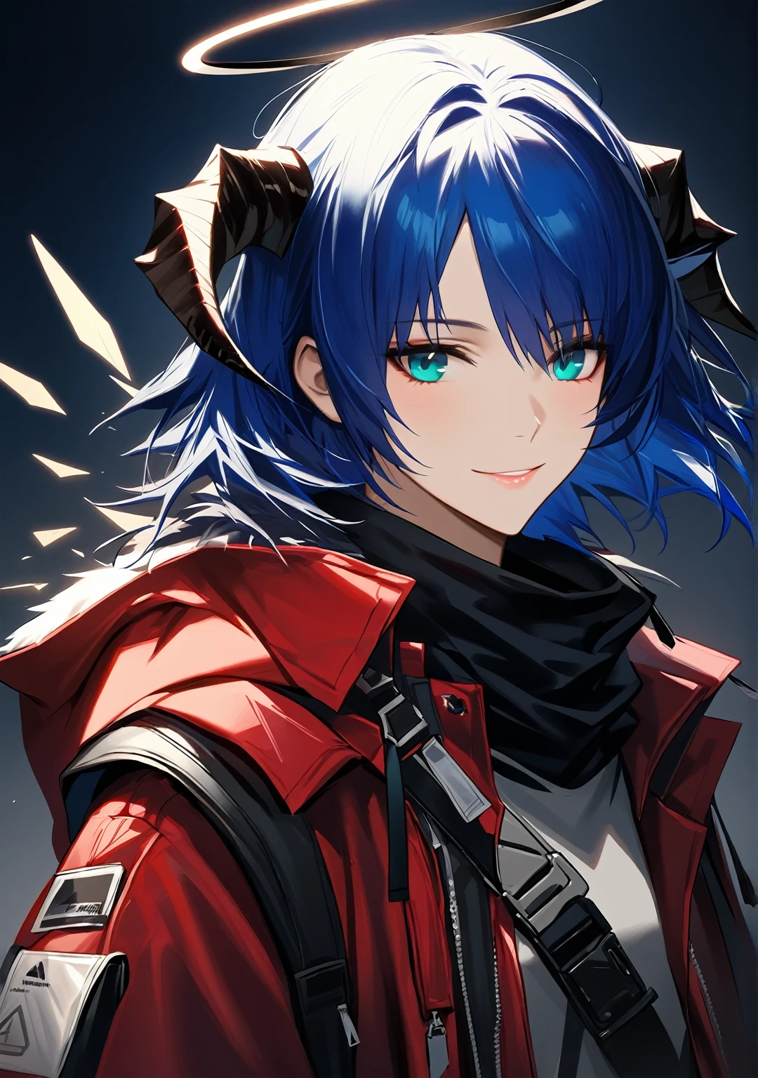 (woman), ((Mostima from arknights)), masterpiece, best quality, blue hair, ((short hair)), horns, plain white shirt, red fullbody coat, red hood, dark blue eyes, realistic anime style, smiling, ((portrait)), black gloves, carring a bag, halo.
