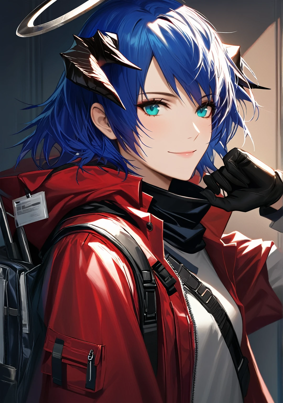 (woman), ((Mostima from arknights)), masterpiece, best quality, blue hair, ((short hair)), horns, plain white shirt, red fullbody coat, red hood, dark blue eyes, realistic anime style, smiling, ((portrait)), black gloves, carring a bag, halo.