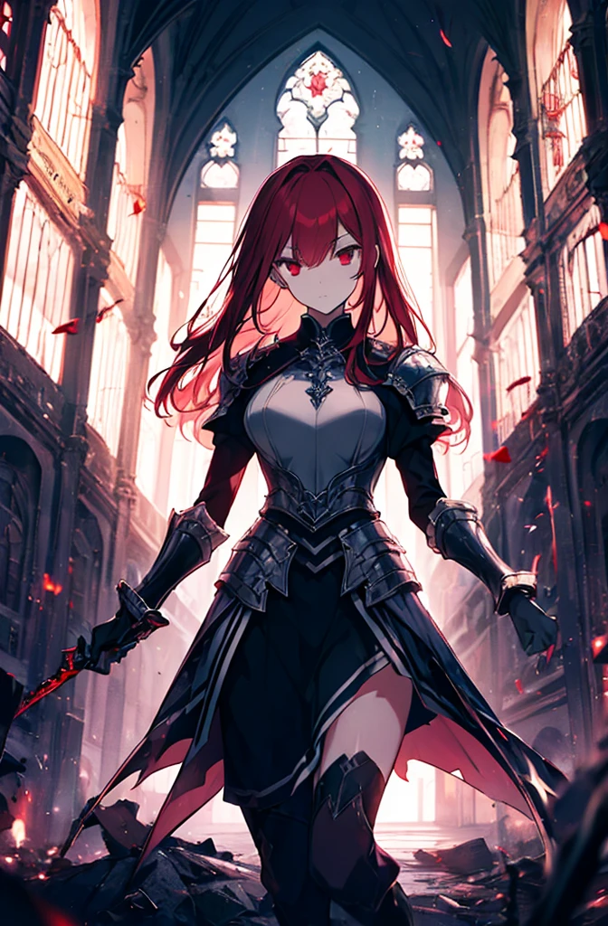 4k,hight resolution,One Woman,Bright red hair,Longhaire,red eyes,knights,white sacred armor,jewel decorations,Big sword,medieval town,furious,dark cave,ruin place,