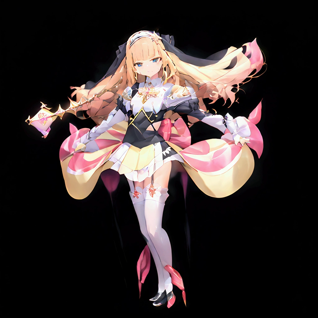 A lone magical girl with fair white skin stands in a high-definition, ultra high-definition bedroom. She possesses a slender frame and small breasts, her wavy, long rose gold hair flowing elegantly. Dressed in a rose gold, pink, and gold color magical girl outfit. she wears detached sleeves, a skirt with a black bow, and magenta eyes that reflect disdain. Adorned with a rose in her hair, she stands with a look of humiliation and defiance, gazing directly at the viewer.