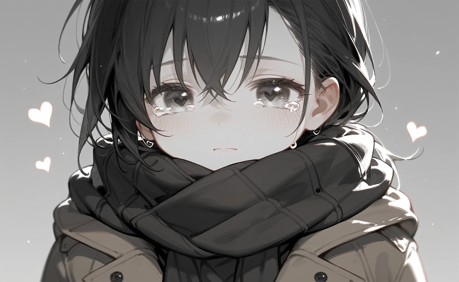 ung girl,Oblique ponytail,scarf,Dark trench coat,Hands making a heart,(Close your eyes),cry,(Tears),(Black and White)