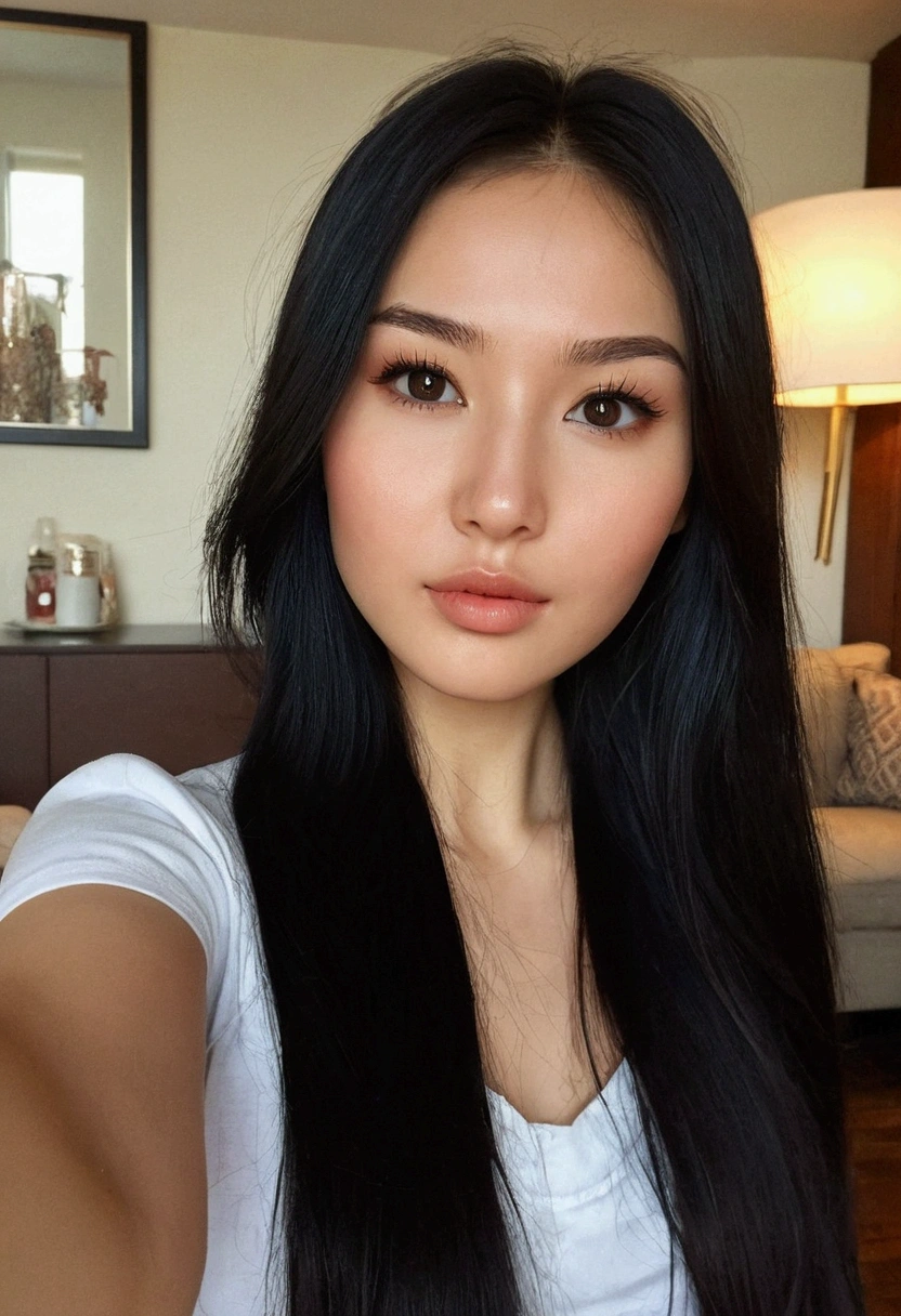a very beautiful 25-year-old Kazakh brunette with black eyes, long black hair, sits on her, takes a beautiful selfie, perfect body proportions, wears an outfit, detailed facial features, flawless skin, ultra textured face, natural lighting, warm tones, 1 girl, detailed face, chef and #39; artwork, detailed eyes, detailed lips, beautiful skin, natural lighting, warm colors, living room, incl., iPhone, selfie photo, city,alluméroom, allumé, iPhone, photo de selfie, ville,