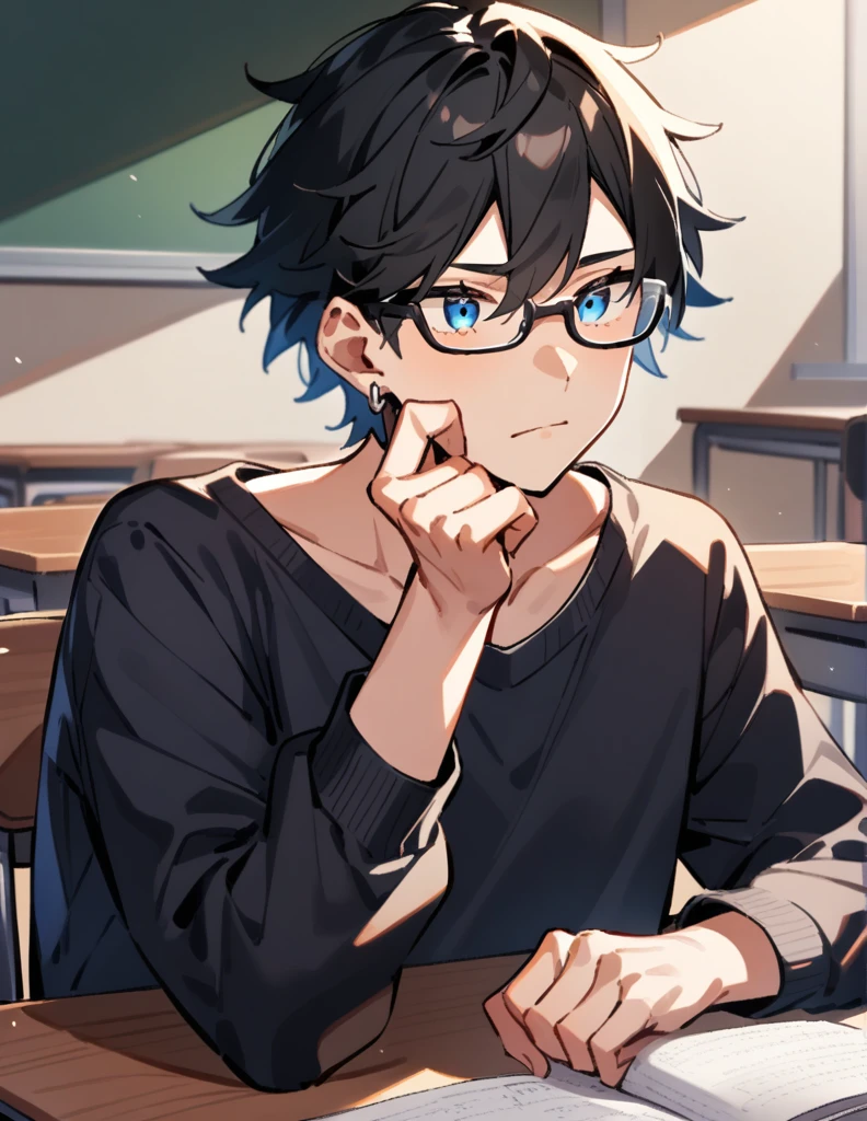 16-year-old teenage boy, very long, shoulder-length black hair, wearing a dark blue sweatshirt, wearing prescription glasses with beautiful blue eyes, with silver earrings, sitting at a table in the classroom, with his hand under his chin
