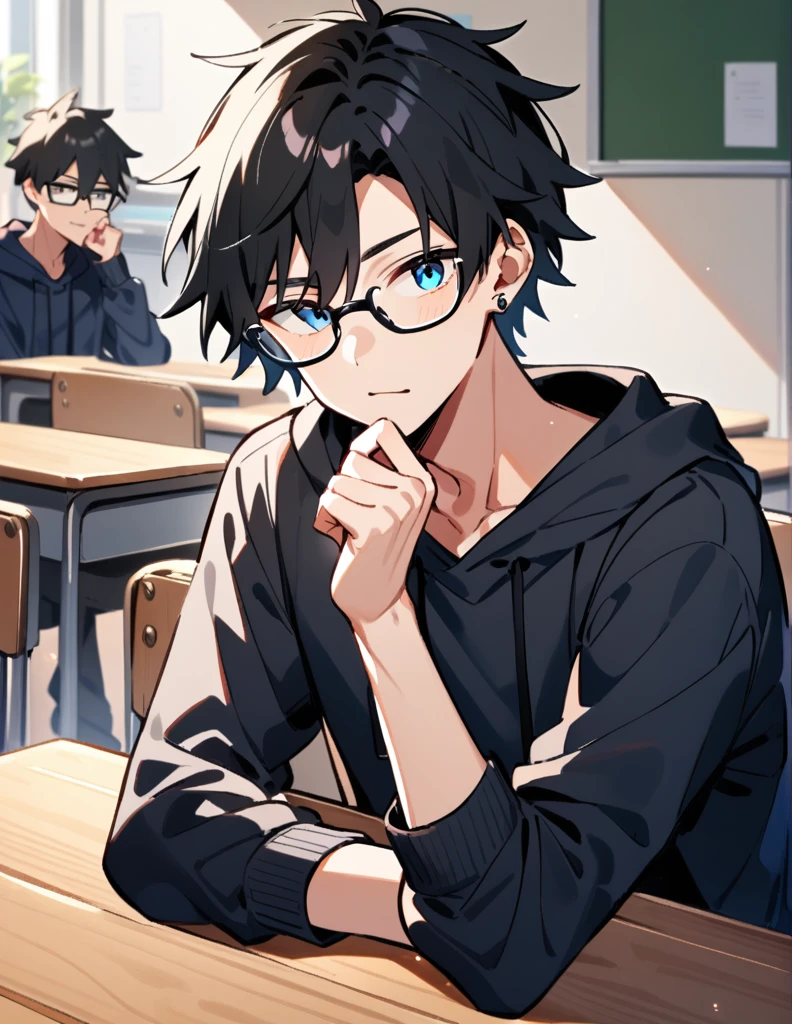 16-year-old age boy, very long, shoulder-length black hair, wearing a dark blue sweatshirt, wearing prescription glasses with beautiful blue eyes, with silver earrings, sitting at a table in the classroom, with his hand under his chin