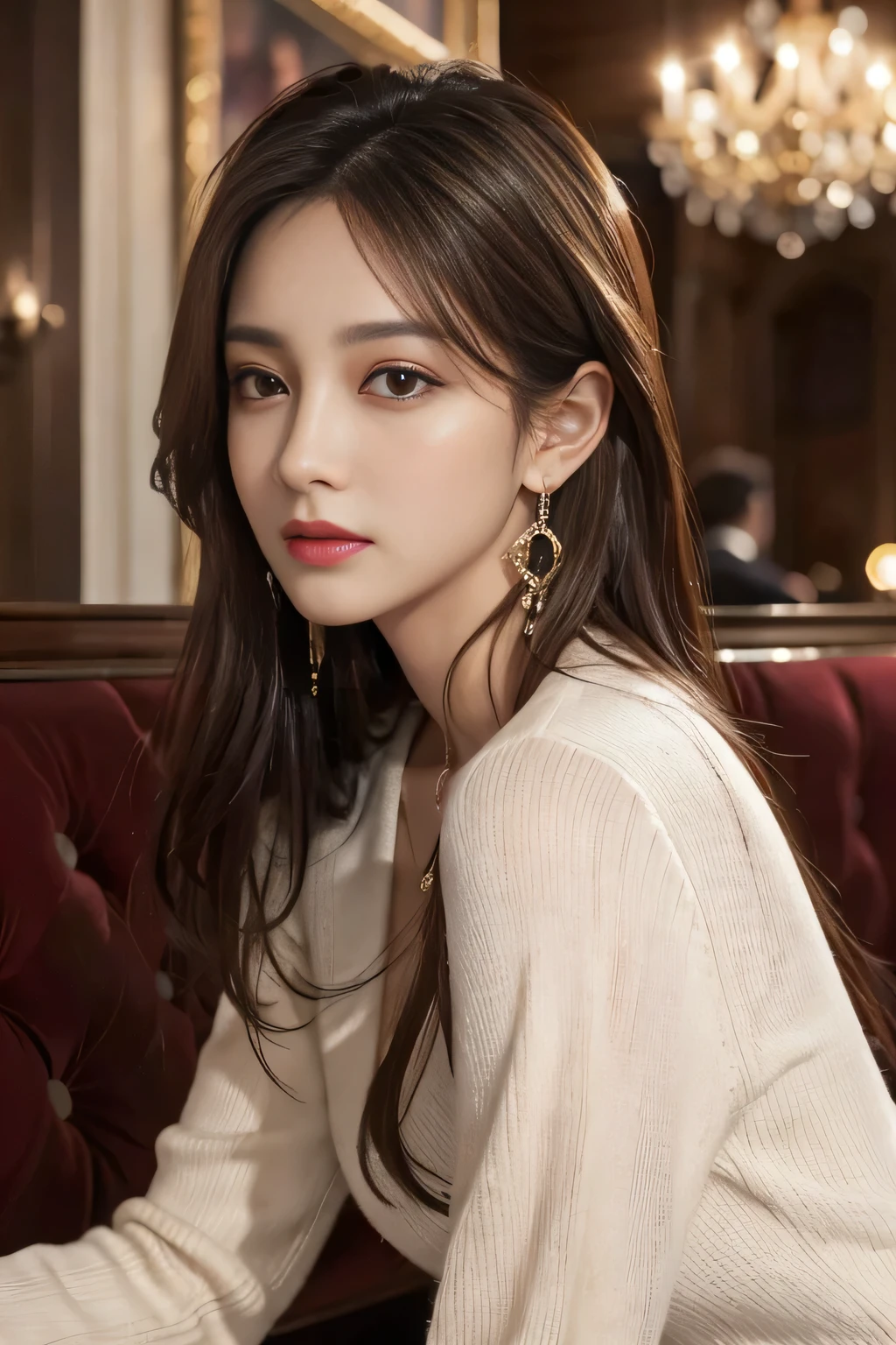 masterpiece, Highest quality, Realistic, Very detailed, Finer details, High resolution, 8k wallpaper, One beautiful woman, Wear a nice suit, In a great restaurant, At night, Light brown messy hair, Perfect dynamic composition, Beautiful and beautiful eyes、Big earrings、Sit on the sofa、