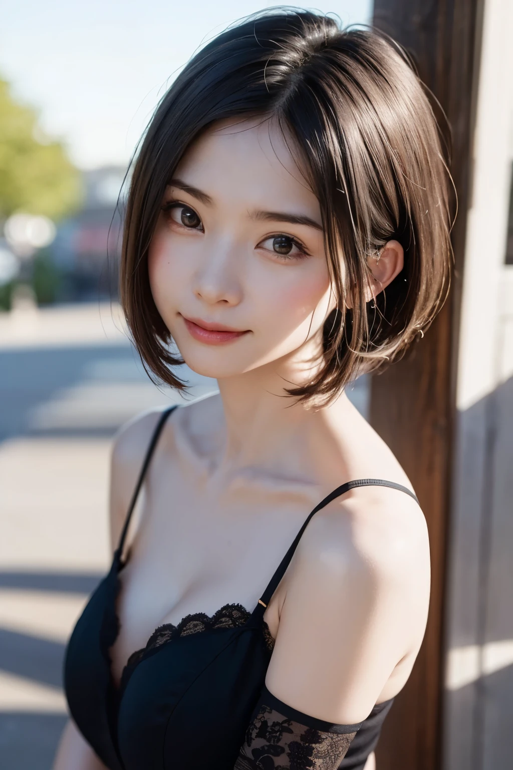 (masterpiece, Highest quality),One Girl, alone, hyper Realistic, Realistic,Realistic, Looking at the audience, Light brown eyes:1.4,Brunette Short Bob Hair with highly detailed shiny hair, Brightly colored winter clothes, Lepangas:1.4), Plein Air, Mouth closed, Upper Body、big chest eye、eyelash、{Hugeな|big chest|Hugeなな|Mega} chest:2, chestの谷間:2、{Huge|big|Hugeな|Mega} chest, chestの谷間、(((big chest eye、Short Bob Hair、Student Highlights、Gazing at the audience、She is very beautiful and cute、Listen carefully、Long neck、smile、Close your mouth and smile、bangsと美しい歯、bangs、Perfect Anatomy)))、Ideal body type、（Snowy tree-lined road in winter in Norway, Out of focus background）、美しいLong neck:1.4、