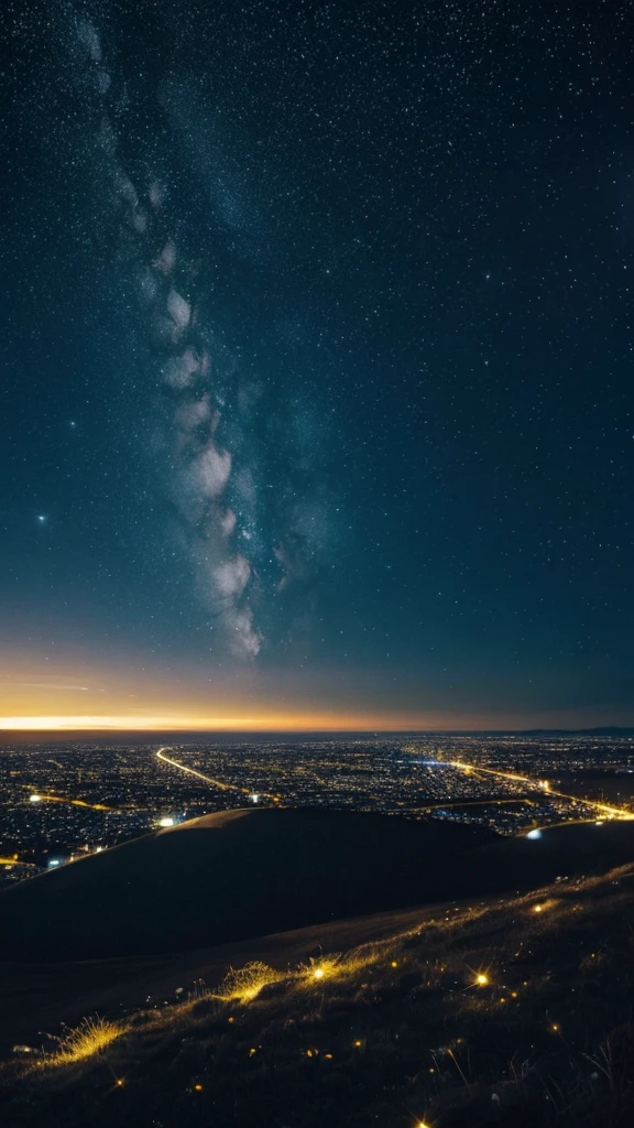 Create a beautiful starry night with a moon that can be seen in the distance. I want it in intense yellow to be something magical that there are no people.