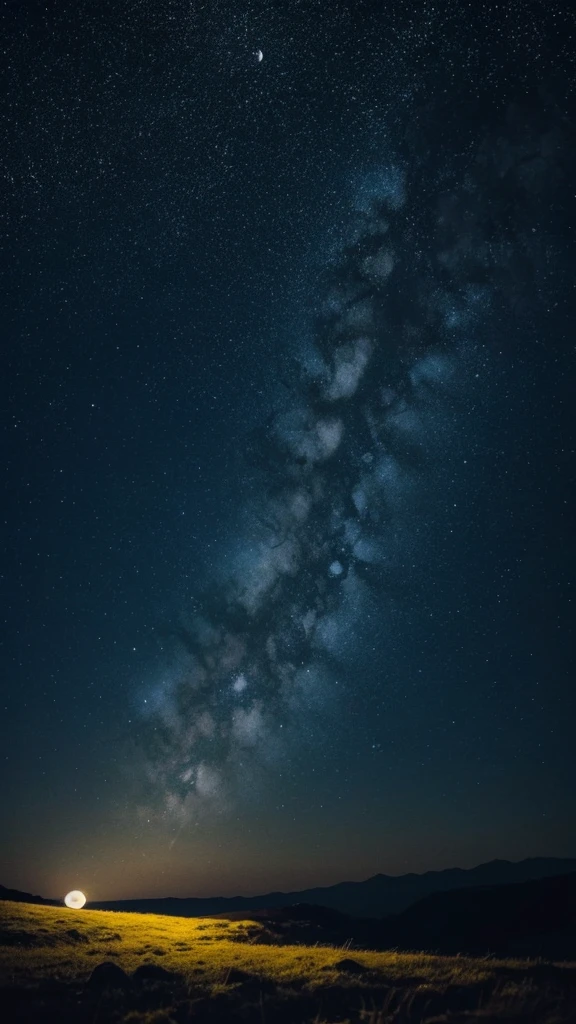 Create a beautiful starry night with a moon that can be seen in the distance. I want it in intense yellow to be something magical that there are no people.