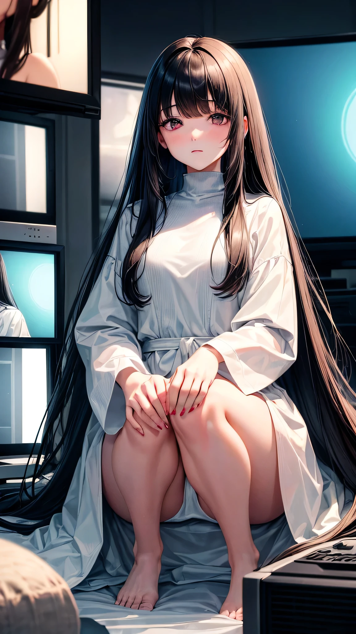 (masterpiece, highest quality, ultra high res, ultra detailed:1.3), 1 girl, slender body, (black hair:1,4), very long straight hair, white simple dress, (bangs covered her face, bangs covered her both eyes:1.4), closed eyes, (crawling out from the TV screen, The lower half of her body is buried in the TV screen:1.4), looking down that viewer can not see her face, 