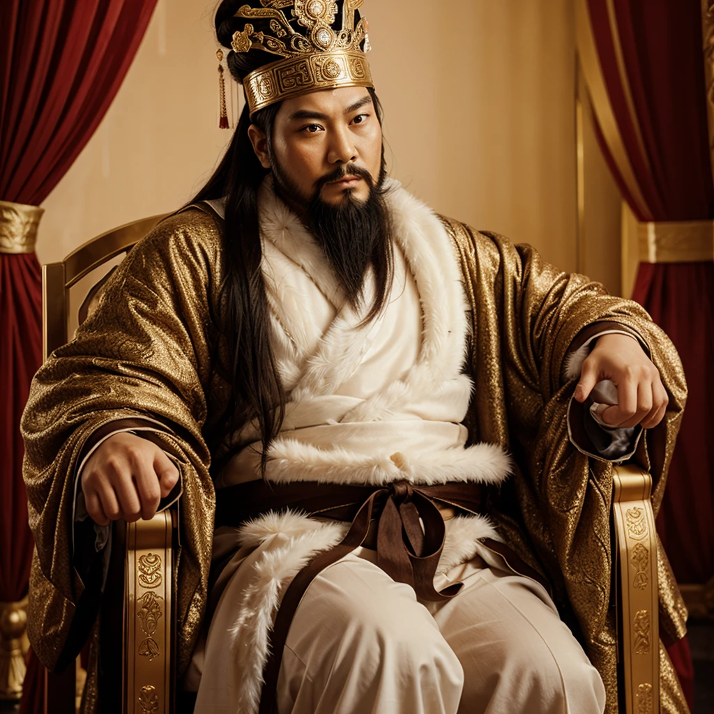 full body, an ancient chinese emperor wearing luxurious robe sit on throne, long beard, luxurious headdress, portrait, empty background