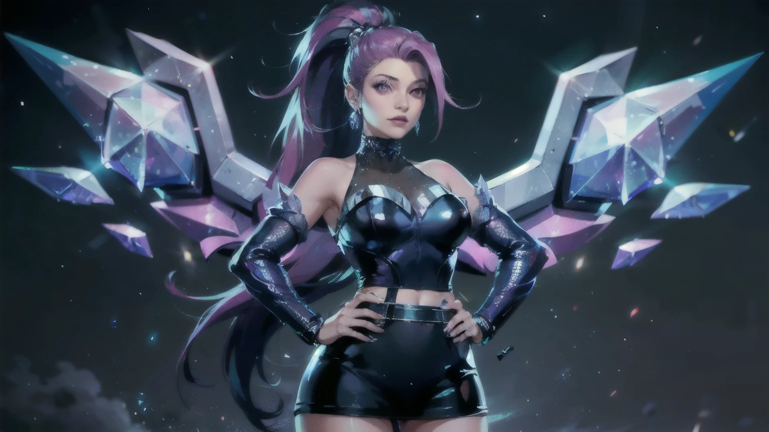 ((best qualityer)), ((work of art)), (detailded), 1 girl, ombro to ombro sweater, photorrealistic, high resolution, 1 women, mature woman, standing alone, hips up,purples eyes, cuddly, Star Guardian (League of Legends), pink  hair, mitts, long hair, thicc thighs, overskirt, elbow mitts, hand on hip, bared shoulders, standing alone, wings, white mitts, breastsout, pink eyes, bangss, magic, hair ornament