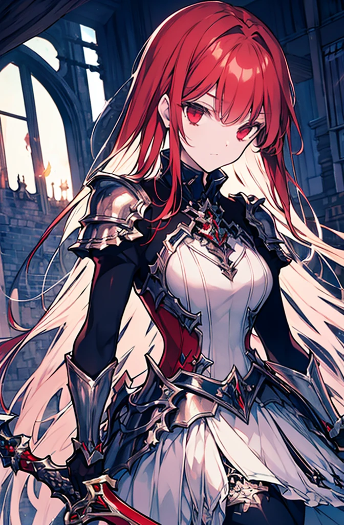 4k,hight resolution,One Woman,Bright red long hair,Longhaire,red eyes,knights,white sacred armor,jewel decorations,Big sword,medieval town,furious,