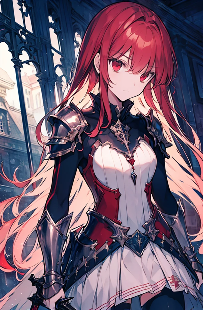 4k,hight resolution,One Woman,Bright red long hair,Longhaire,red eyes,knights,white sacred armor,jewel decorations,Big sword,medieval town,furious,