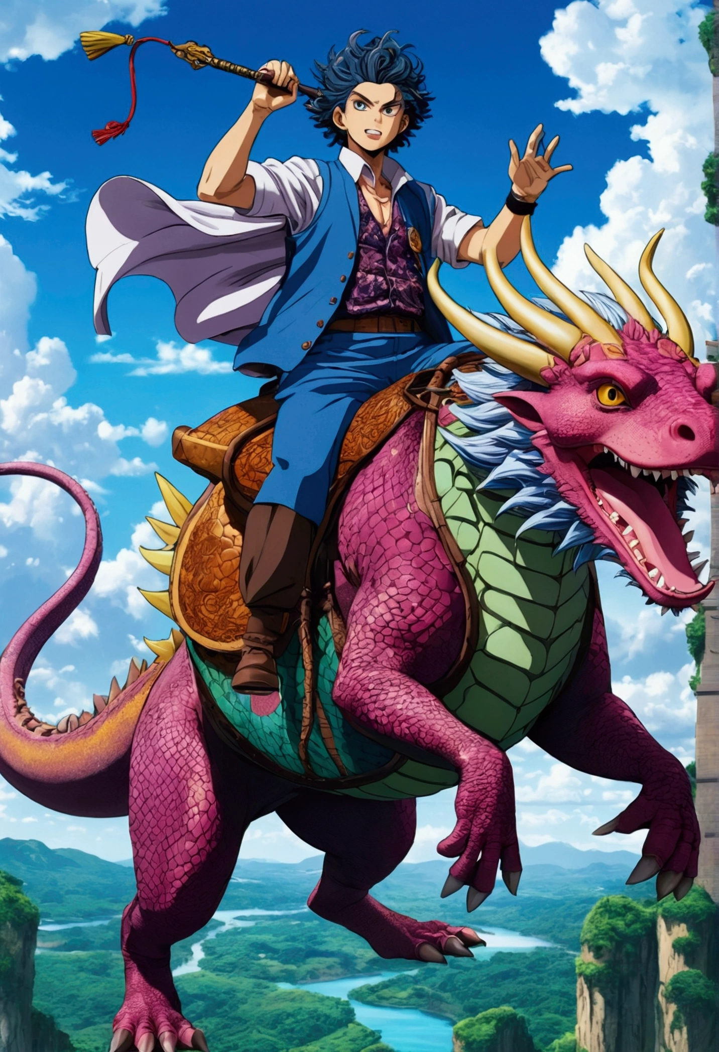 Animated characters riding dragon-like animals, 4K Manga Wallpapers, Amazing anime 8k, Anime Cover, Gyro Zeppeli, Anime Wallpaper, Anime Style 4k, Detailed Key Anime Art, Highly detailed official artwork, Anime Art Wallpapers 8K, Kimetsu no Yaiba, anime key art, Anime Wallpaper4k, Anime Wallpaper 4k