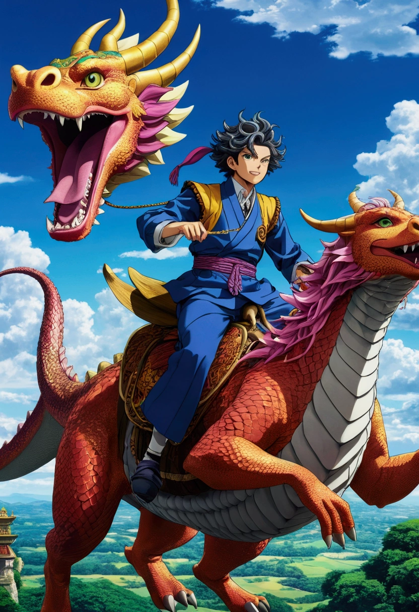 Animated characters riding dragon-like animals, 4K Manga Wallpapers, Amazing anime 8k, Anime Cover, Gyro Zeppeli, Anime Wallpaper, Anime Style 4k, Detailed Key Anime Art, Highly detailed official artwork, Anime Art Wallpapers 8K, Kimetsu no Yaiba, anime key art, Anime Wallpaper4k, Anime Wallpaper 4k