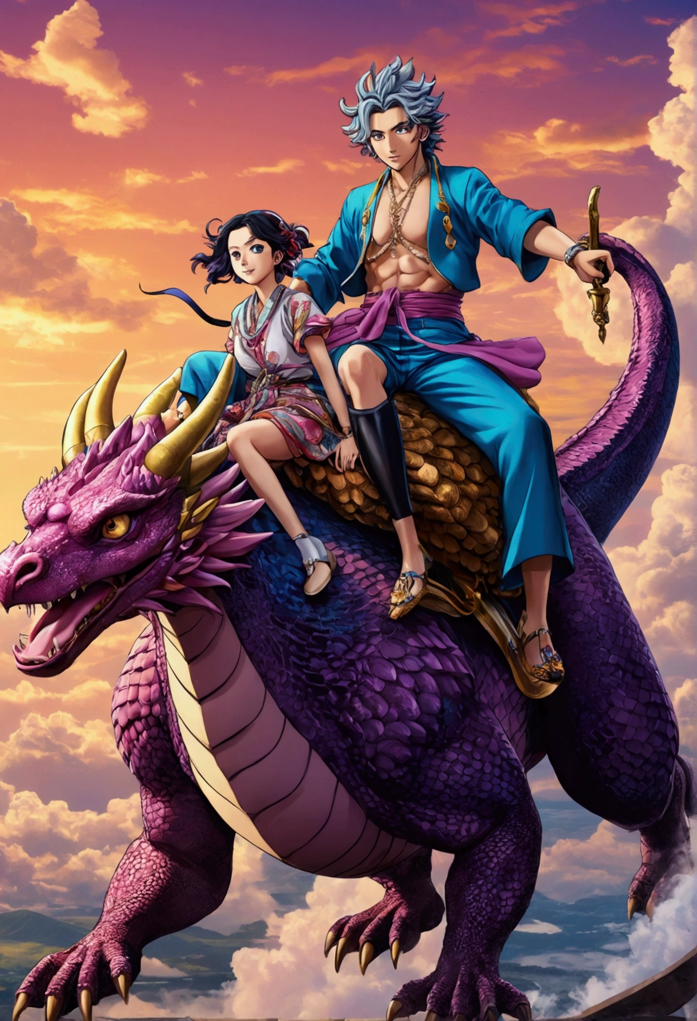 Animated characters riding dragon-like animals, 4K Manga Wallpapers, Amazing anime 8k, Anime Cover, Gyro Zeppeli, Anime Wallpaper, Anime Style 4k, Detailed Key Anime Art, Highly detailed official artwork, Anime Art Wallpapers 8K, Kimetsu no Yaiba, anime key art, Anime Wallpaper4k, Anime Wallpaper 4k
