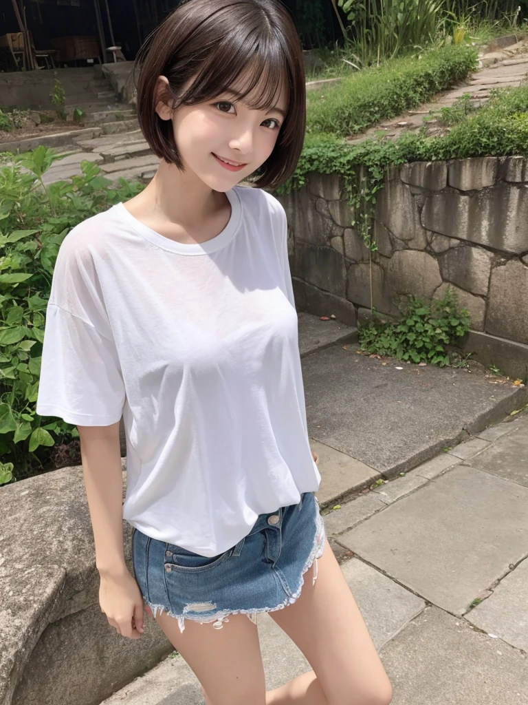 M Cup Colossal、valley、cute、cute、smile、Beauty、short hair、slouch、From diagonally ahead、Stunned and damp long T-shirt(white)、Slender legs、