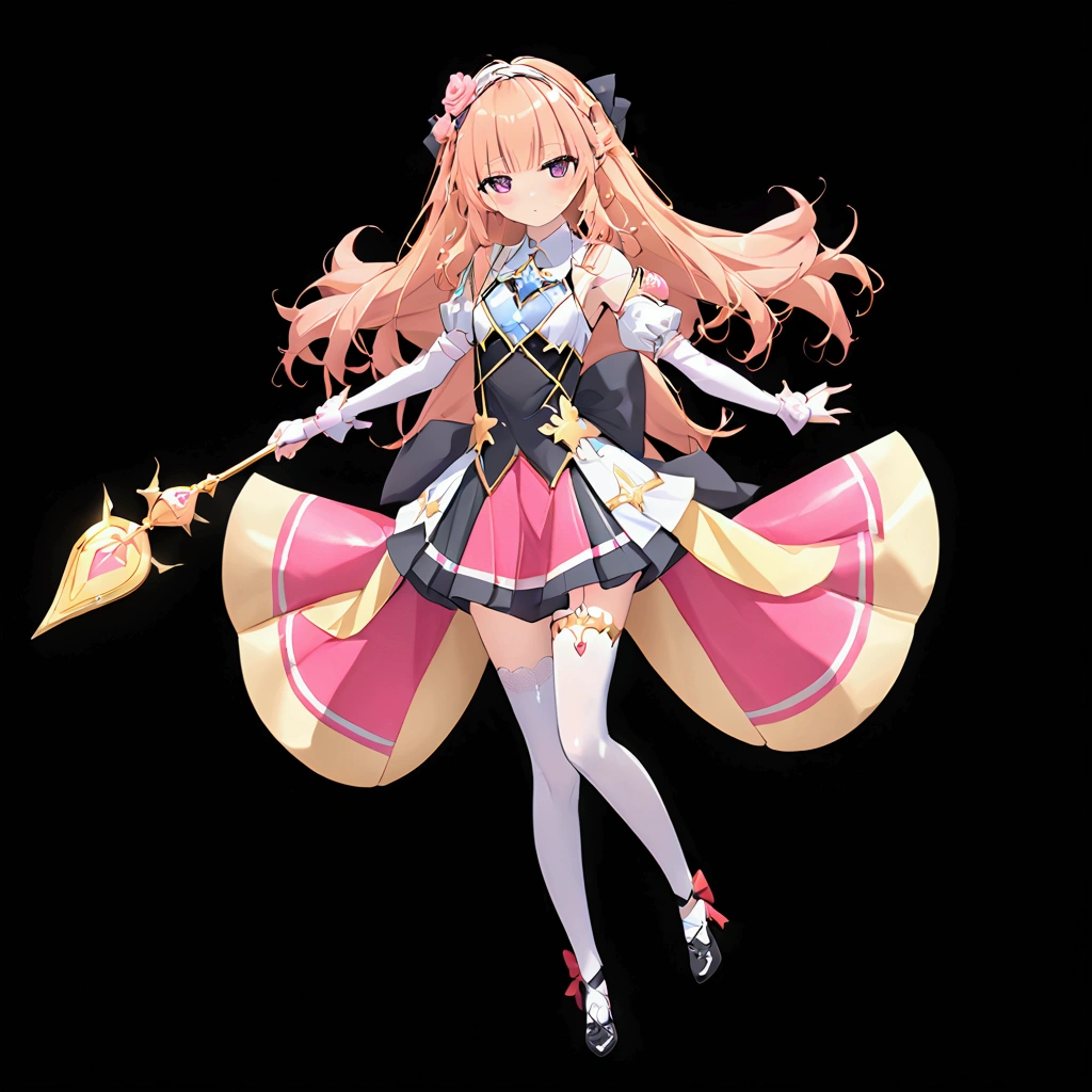 A lone magical girl with fair white skin stands in a high-definition, ultra high-definition bedroom. She possesses a slender frame and small breasts, her wavy, long rose gold hair flowing elegantly. Dressed in a rose gold, pink, and gold color magical girl outfit. she wears detached sleeves, a skirt with a black bow, and magenta eyes that reflect disdain. Adorned with a rose in her hair, she stands with a look of humiliation and defiance, gazing directly at the viewer.