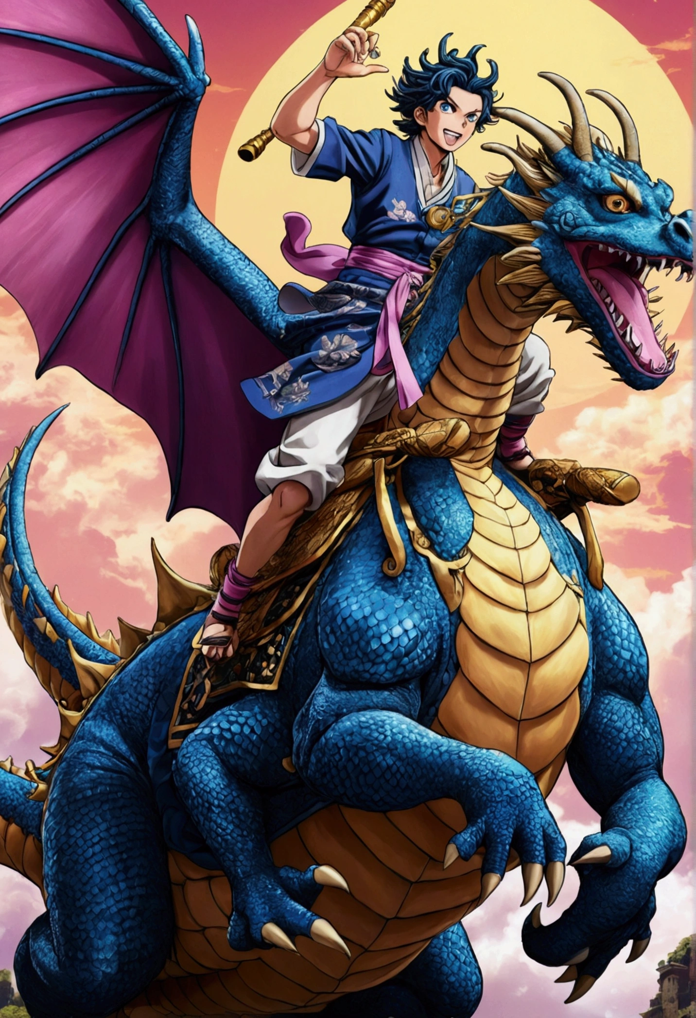 Animated characters riding dragon-like animals, 4K Manga Wallpapers, Amazing anime 8k, Anime Cover, Gyro Zeppeli, Anime Wallpaper, Anime Style 4k, Detailed Key Anime Art, Highly detailed official artwork, Anime Art Wallpapers 8K, Kimetsu no Yaiba, anime key art, Anime Wallpaper4k, Anime Wallpaper 4k 