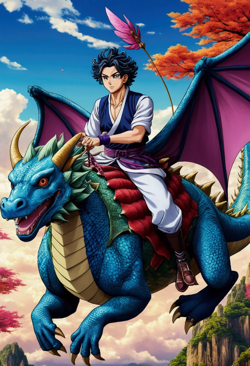 Animated characters riding dragon-like animals, 4K Manga Wallpapers, Amazing anime 8k, Anime Cover, Gyro Zeppeli, Anime Wallpaper, Anime Style 4k, Detailed Key Anime Art, Highly detailed official artwork, Anime Art Wallpapers 8K, Kimetsu no Yaiba, anime key art, Anime Wallpaper4k, Anime Wallpaper 4k