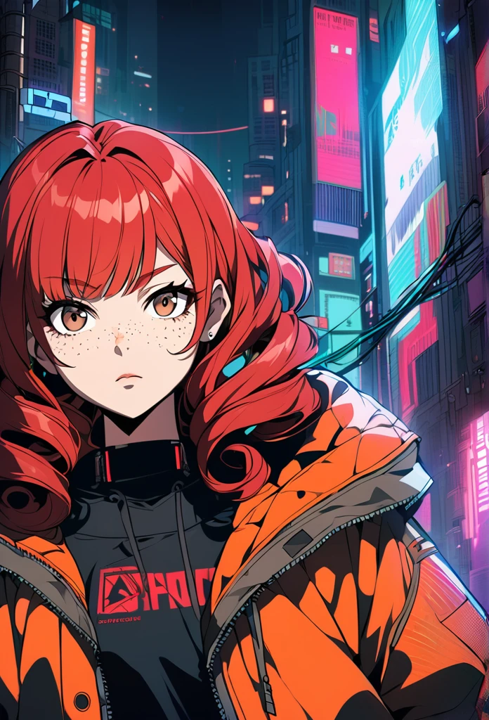 A girl, red hair, curly hair, brown eyes, jacket, cyberpunk background, anime style, freckles