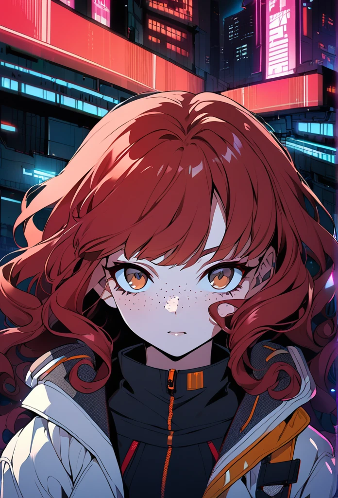 A girl, red hair, curly hair, brown eyes, jacket, cyberpunk background, anime style, freckles