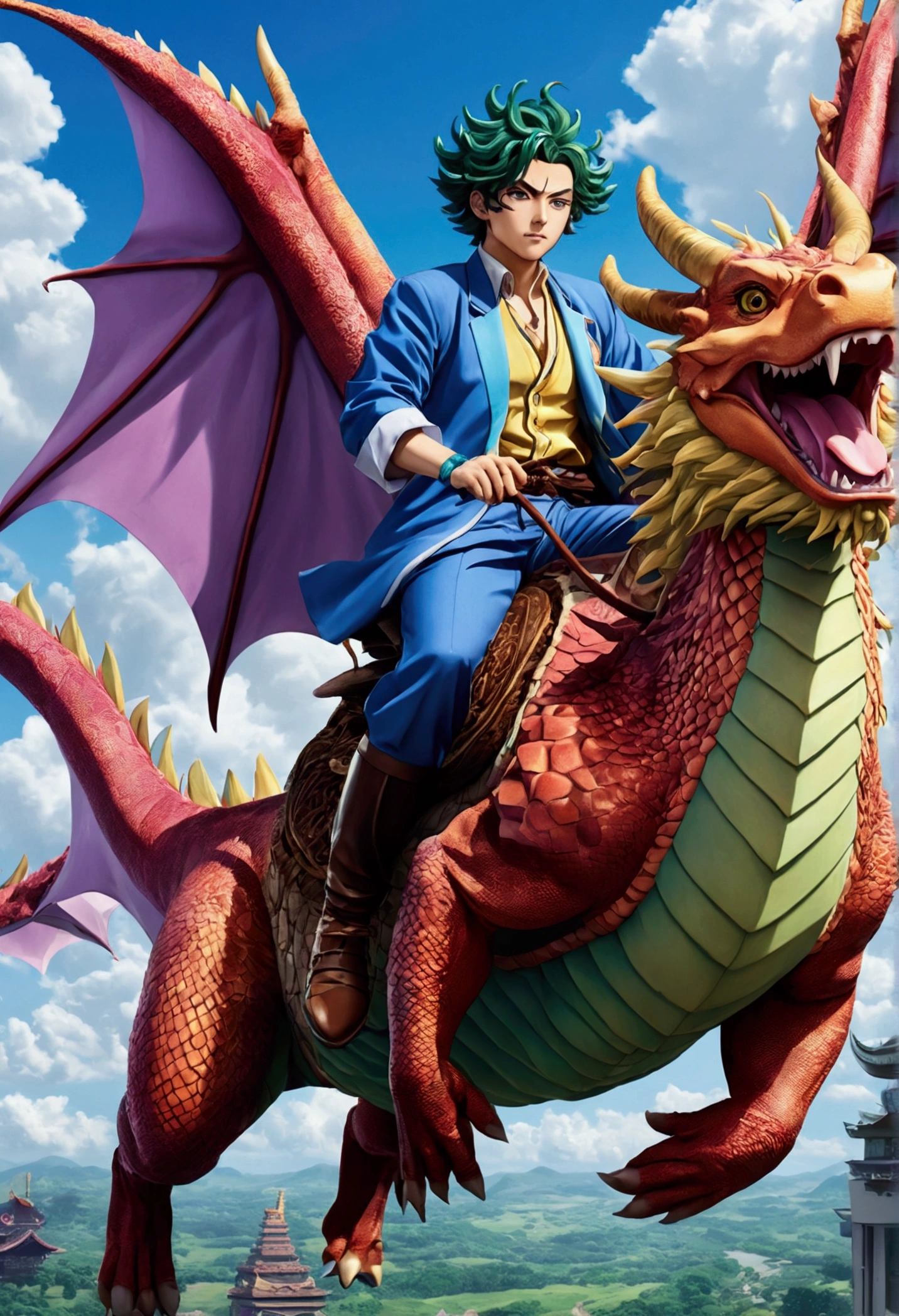 Animated characters riding dragon-like animals, 4K Manga Wallpapers, Amazing anime 8k, Anime Cover, Gyro Zeppeli, Anime Wallpaper, Anime Style 4k, Detailed Key Anime Art, Highly detailed official artwork, Anime Art Wallpapers 8K, Kimetsu no Yaiba, anime key art, Anime Wallpaper4k, Anime Wallpaper 4k 