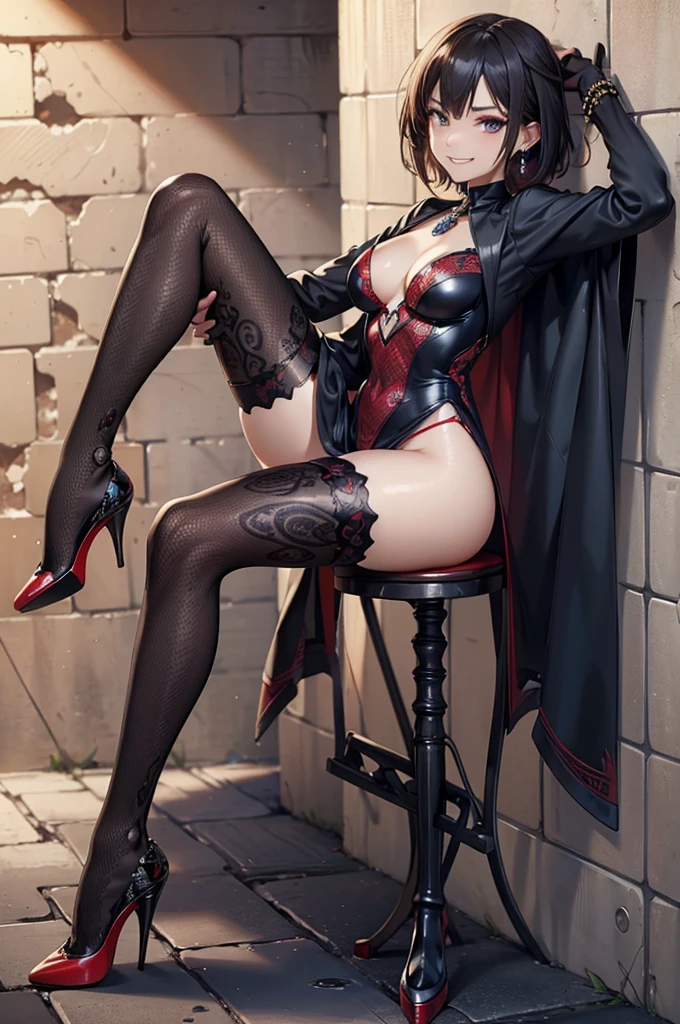 8k, 4K, (masterpiece:1.2), (best quality, highest quality), ultra-detailed, intricate detail, Focus on the face,
Eyes with detailed description, (biologically correct limbs), Beautiful woman, Great style, realistic,"Basic Syntax",
(High heels:1.2), Patterned stockings, Small earrings,necklace,(Red and black one-piece((High heels,Patterned stockings))),((Leaning against a wall)),Black rubber gloves,Realistic photo,(Medium cut hair),Stand at an angle,(Eyes warp)、(Grin),(smug face)