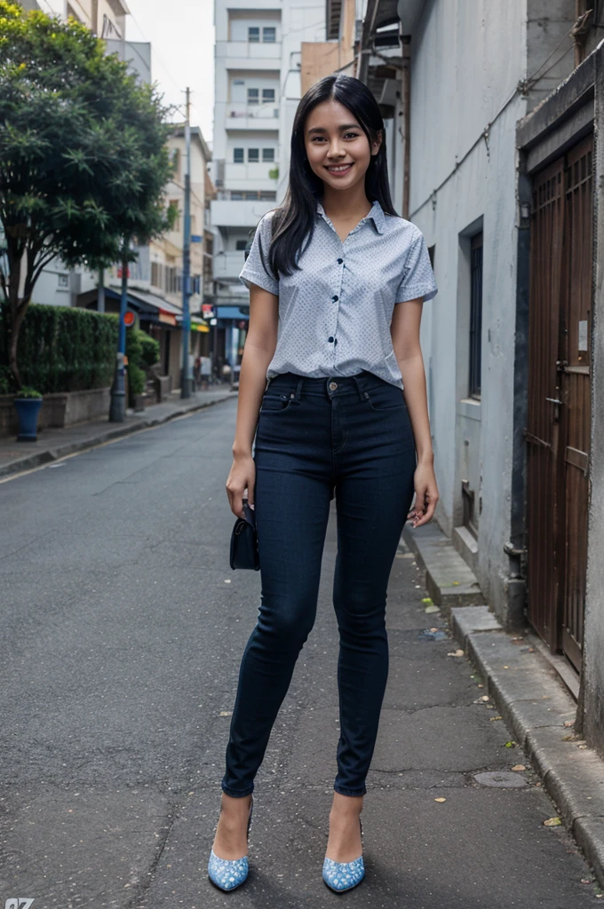 25 years old, blue and white dots, navy black skinny jeans, black hair, indonesian girl, smile, with heel, street, realistic, hdr, 8k