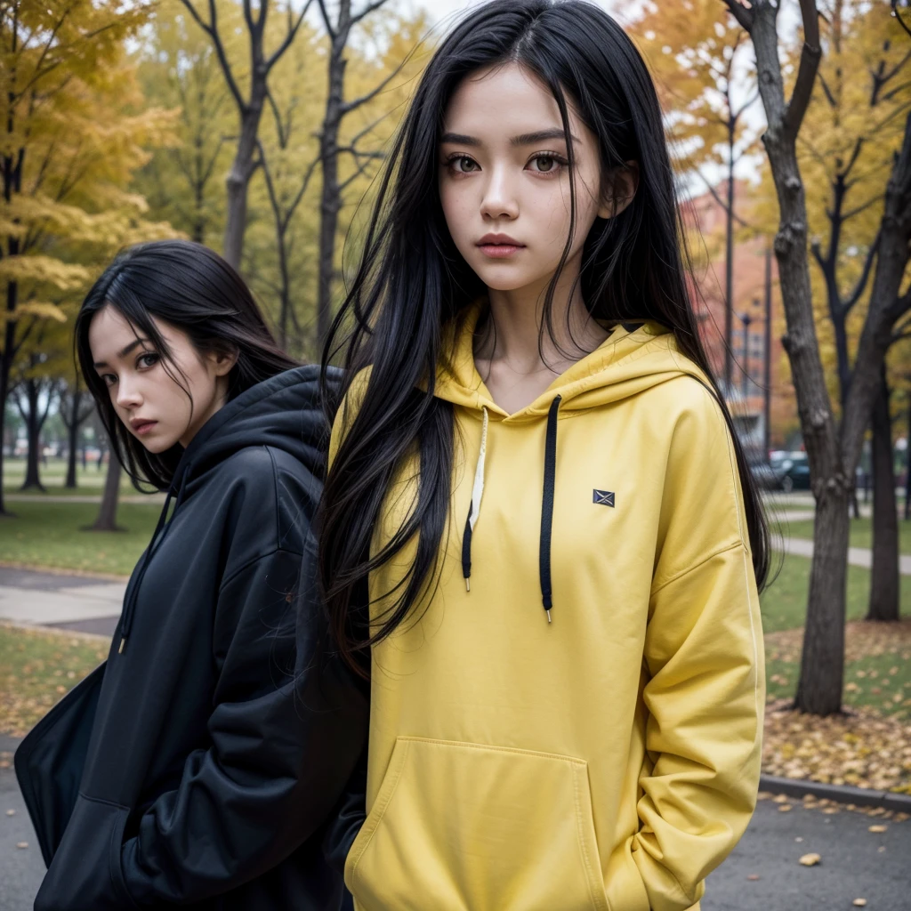 red skin, yellow eyes, long black hair, blue hoodie, walking on the park