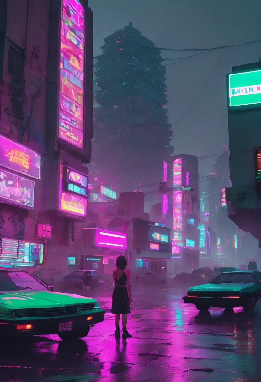 Make a vaporwave and cyberpunk image, in a futiristic city with retro things, with vhs aesthetic, glitches, Neon lights, license plates on the ground, digital distortions, a sunset, and places many pre-Hispanic sculptures from Mexico and pyramids, with a light and gloomy rain.

The main colors should be bright green (#39E600) and the vivid magenta (E600C3)