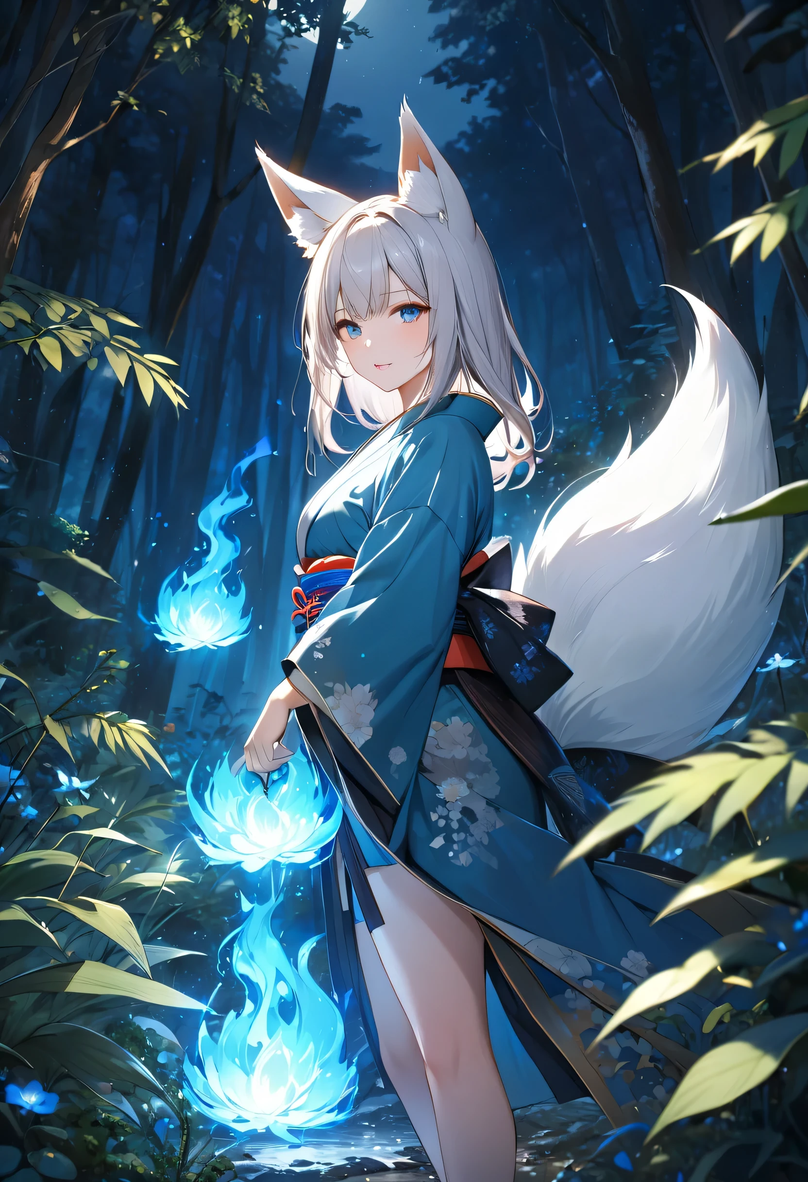 Masterpiece, Extremely detailed, beautiful, perfect face e, close distance shot, (A beautiful kitsune woman peering through the leaves in a dense forest) , {she is surrounded by motes of blue fire}, facing viewer, (dynamic pose) , fox ears, nine fox tails, traditional Japanese clothing. Japanese sandels, ((vegetation in the forground, dew, subject partially obscured by vegetation)) , ((moonlit night)) 