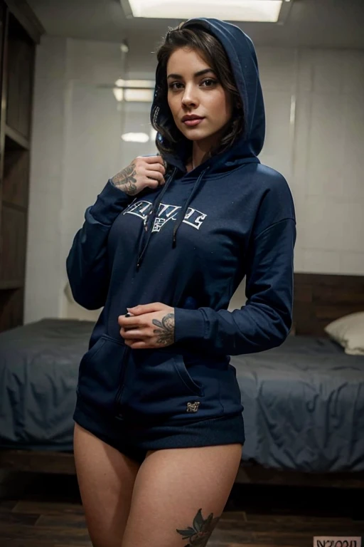 TATTOOED FEMALE PINUP GIRL IN A DARK BLUE HOODIE AND SHORTS