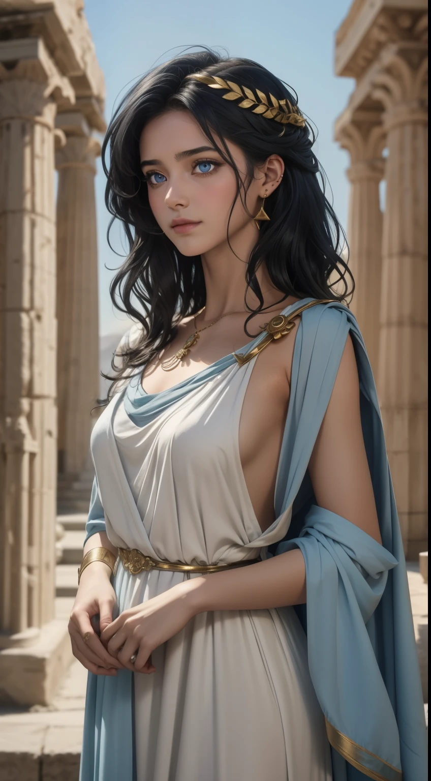 (high qualiy, Breathtaking),(expressive eyes, face perfect) 1 girl, Female, standing alone, grown-up, dark blue hair, white highlights in hair, skin tanned, clear light blue eyes, medium hair length, spiky and fluffy hair, wavy curly hair, black dress with gold details, Tunic, Greek goddess, ancient greek dress, greek clothing, symmetrical eyes, portraite, halfbody, positive expression, fundo cinza, chic, mellow, comely, soft smiling, hair between the eyes, SunsetHuman, collared
