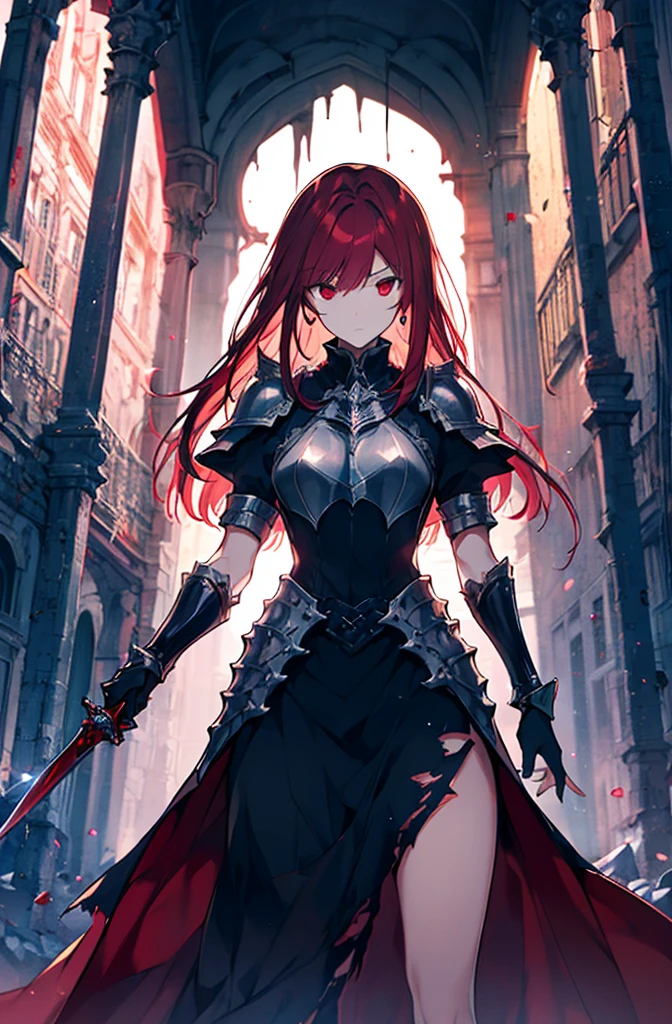 4k,hight resolution,One Woman,Bright red hair,Longhaire,red eyes,knights,white sacred armor,jewel decorations,Big sword,medieval town,furious,((dark cave,ruin place)),