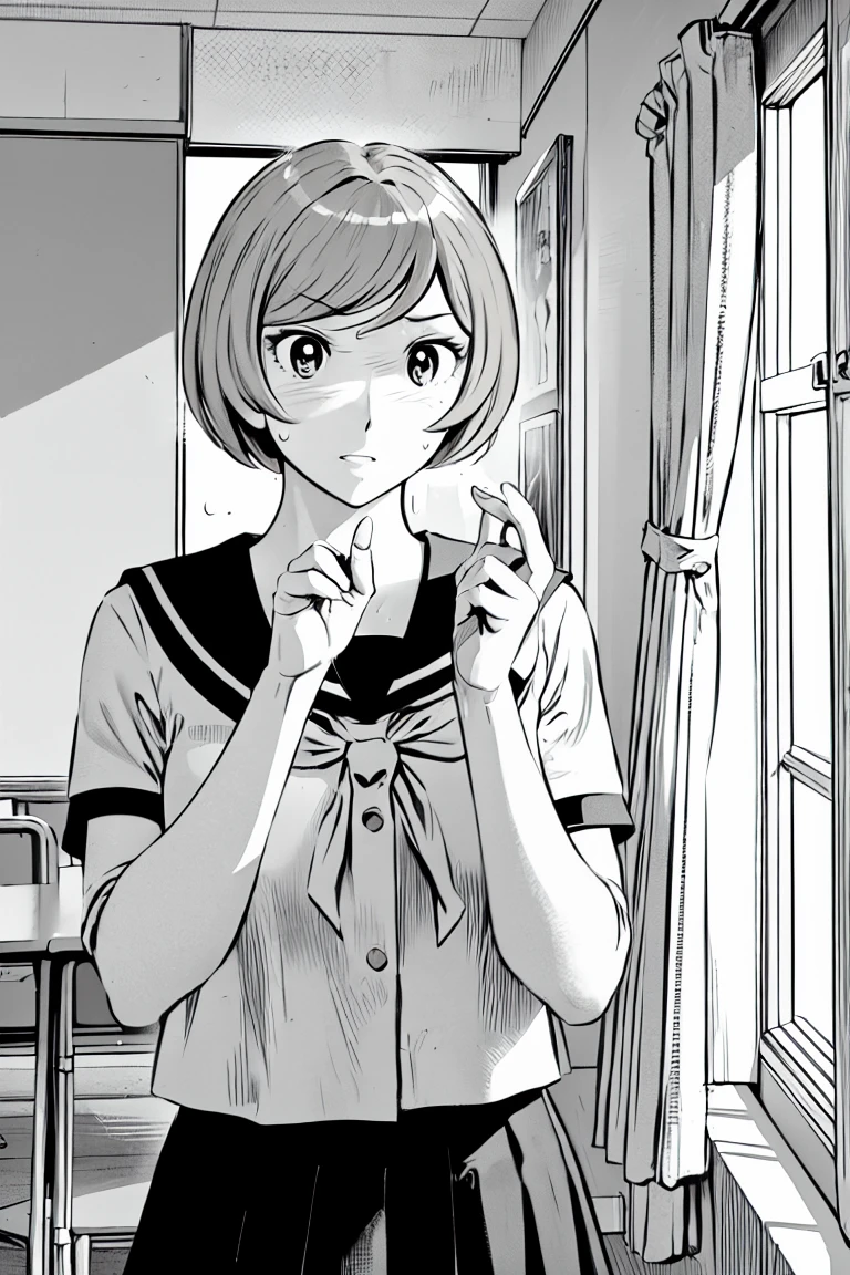 、(masterpiece、Highest quality)、Highest quality, Ultra-high resolution, (((masterpiece))), alone, Sweat、Big eyes, Composition from the front、Shortcuts、Embarrassed face、Blonde、Cut your hair short、Monochrome、Pencil drawing、School classroom、Sailor suit、uniform、skirt、short hair