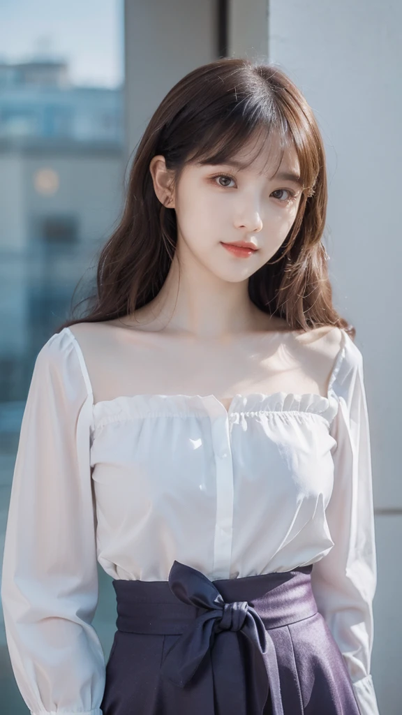 (photo-realistic:1.5), sunlight, beautiful girl, cinmatic lighting, full body photograph, most realistic, highest quality, hair ribbon, masterpiece, 8k ultra, best quality, pretty face, girly hairstyle, light lipstick, a cheerful and cute girl, (short skirt), delicated shoulder shirt, charming slime, charming face, charming beauty, cute face, ultra-detailed, beautiful detailed eyes, detailed hair, beautiful detailed nose, detail hair, (look at viewer), charmingly posing, (large breasts)