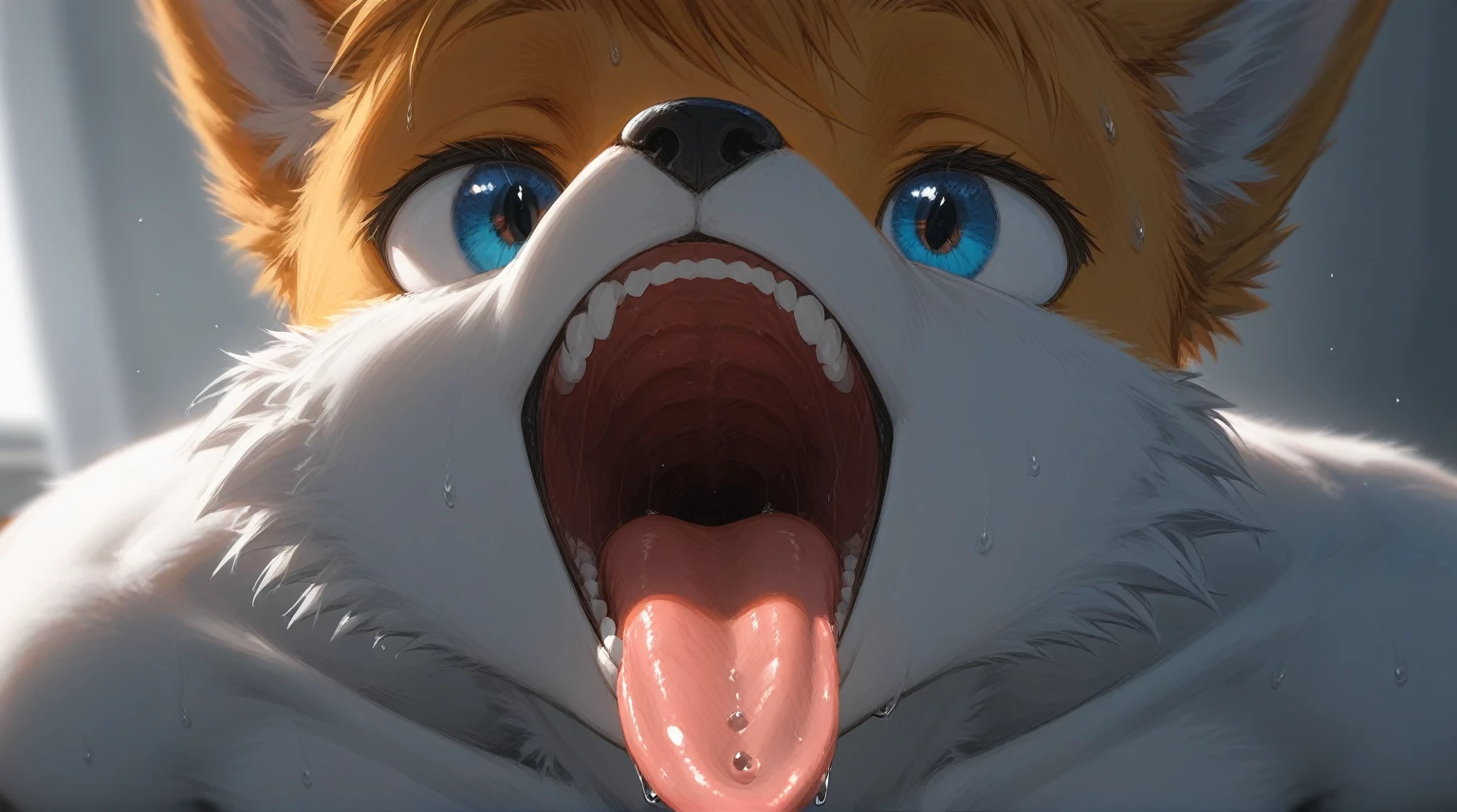 Solo, score_9,score_8_up score_7_up, source_furry, anthro, Tails Miles Prower, yellow fox, male, naked, sitting, on a bed, close up, close up on face, open mouth, tongue out, (extreme close up focus on mouth:1.2), focus on mouth, wet tongue, uvula, macro shot, looking up at viewer, looking upwards at viewer, horny eyes, 