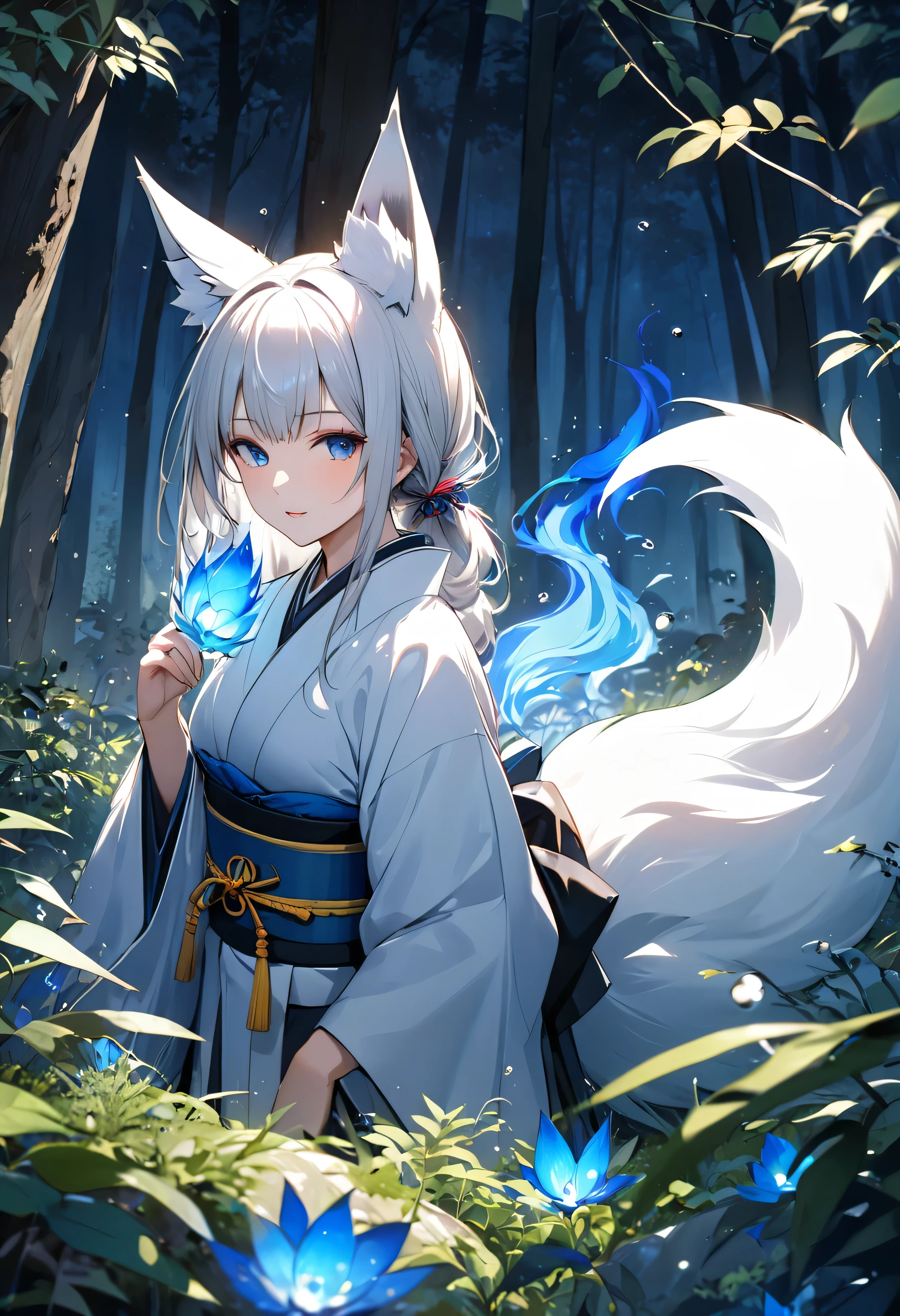 Masterpiece, Extremely detailed, beautiful, perfect face e, close distance shot, (A beautiful kitsune woman peering through the leaves in a dense forest) , {she is surrounded by motes of blue fire}, facing viewer, (dynamic pose) , fox ears, nine fox tails, traditional Japanese clothing. Japanese sandels, ((vegetation in the forground, dew, subject partially obscured by vegetation)) , ((moonlit night)) 