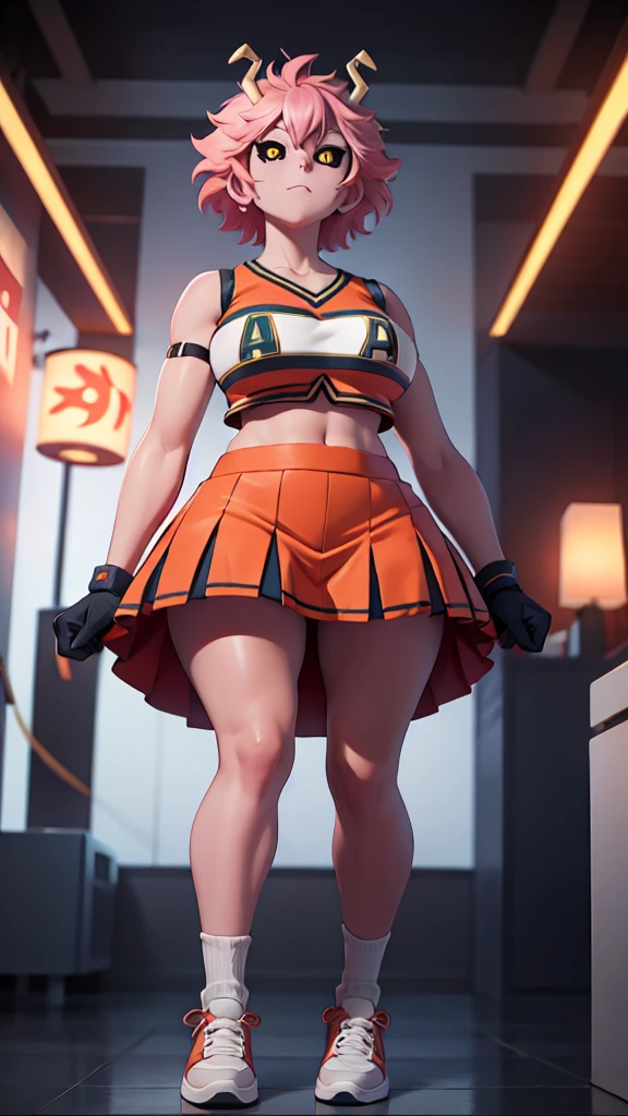 mina ashido, 1girl, solo, looking at viewer, short hair, simple background, yellow eyes, pink hair, horns, colored skin, colored sclera, black sclera, pink skin, U.A. CheerUniform, orange skirt, (bare belly), perfect shading, bare shoulders, big breasts, up skirt