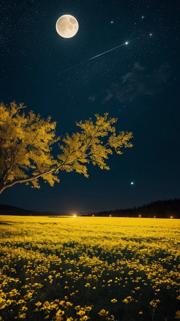 Create a beautiful starry night in yellow with a moon that can be seen in the distance. I want it to be something magical in intense yellow without people being there.