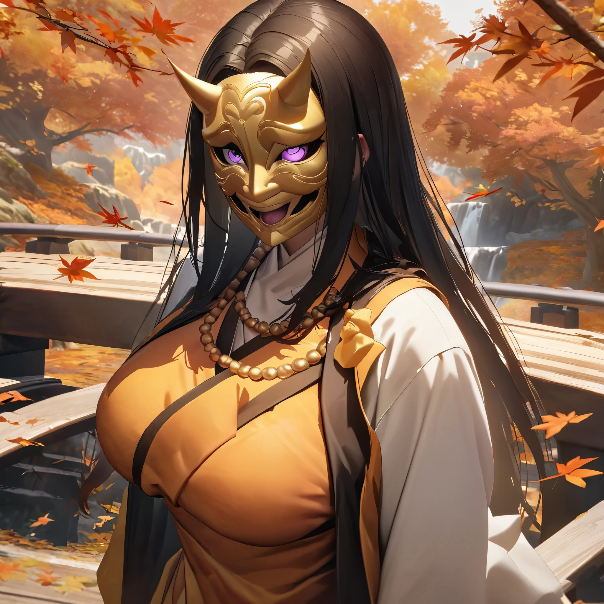 A woman wearing an orange monk uniform with long sleeves, a long dress,Japanese style necklace around the neck, on a Japanese aesthetic bridge, autumn trees, orange leaves,white hood in hair, big breasts,several orange leaves falling, orange aura, orange energy, very detailed, perfect eyes, perfect smile, perfect lips, black hair, straight hair, smiling, purple eyes,crazy woman expression,wearing a golden yokai mask, mask covering the entire face, place of day, on a high point of the mountain, standing upright., UHD , prime work , accurate , anatomically correct , textured skin , super details , high quality , best quality, 8k, high resolution, bokeh effect. (woman solo), close view
