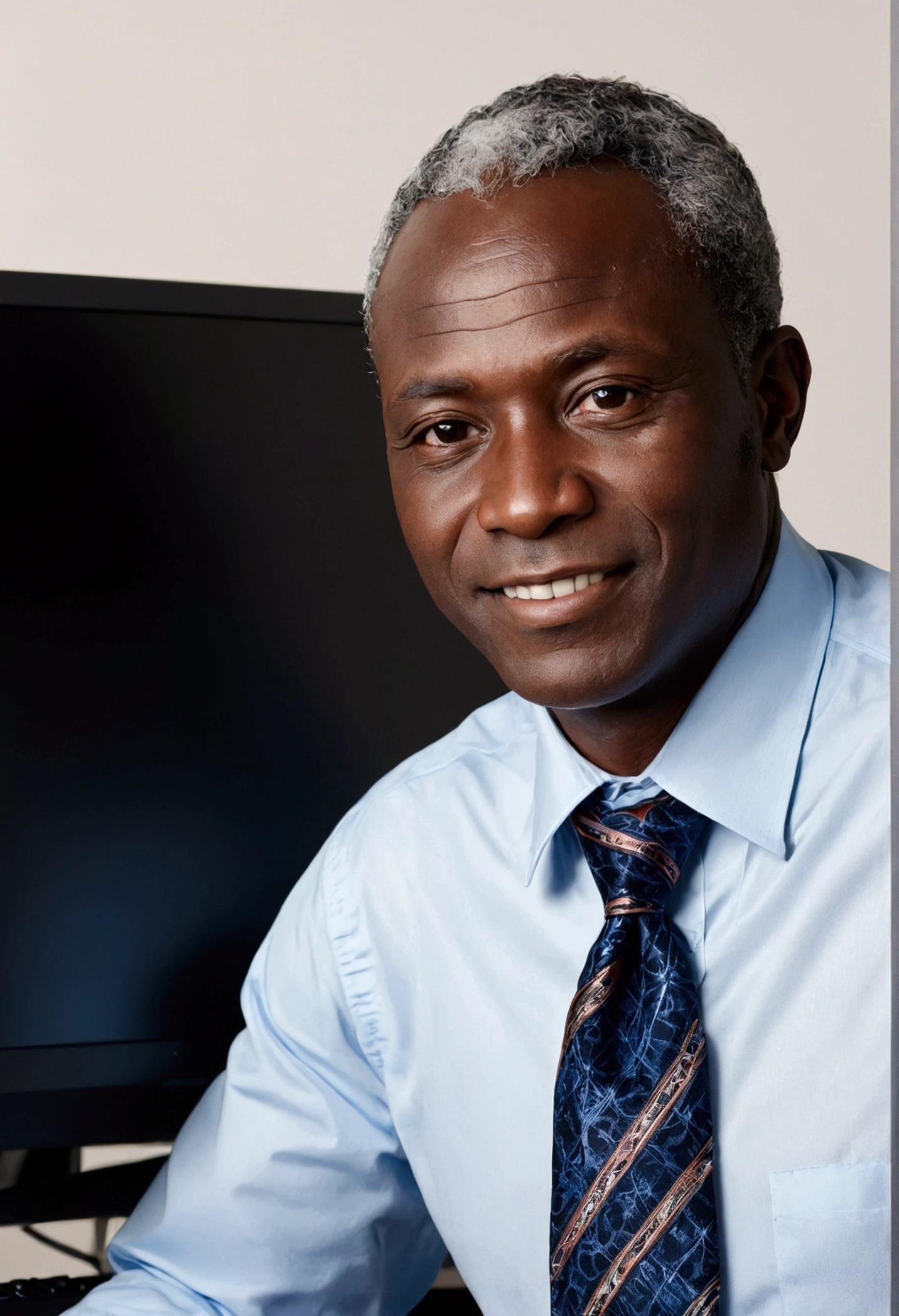 african man, fifty, small eyes, slightly-smile, grey hair, custom, in front of the computer, Commercial Image, realisitic, foto hd, high resolution, custom, chemise, necktie, desk, computers, custom noir, chemise bleue, necktie, rot, necktie motifs africains, mains sur desk, senior citizen;