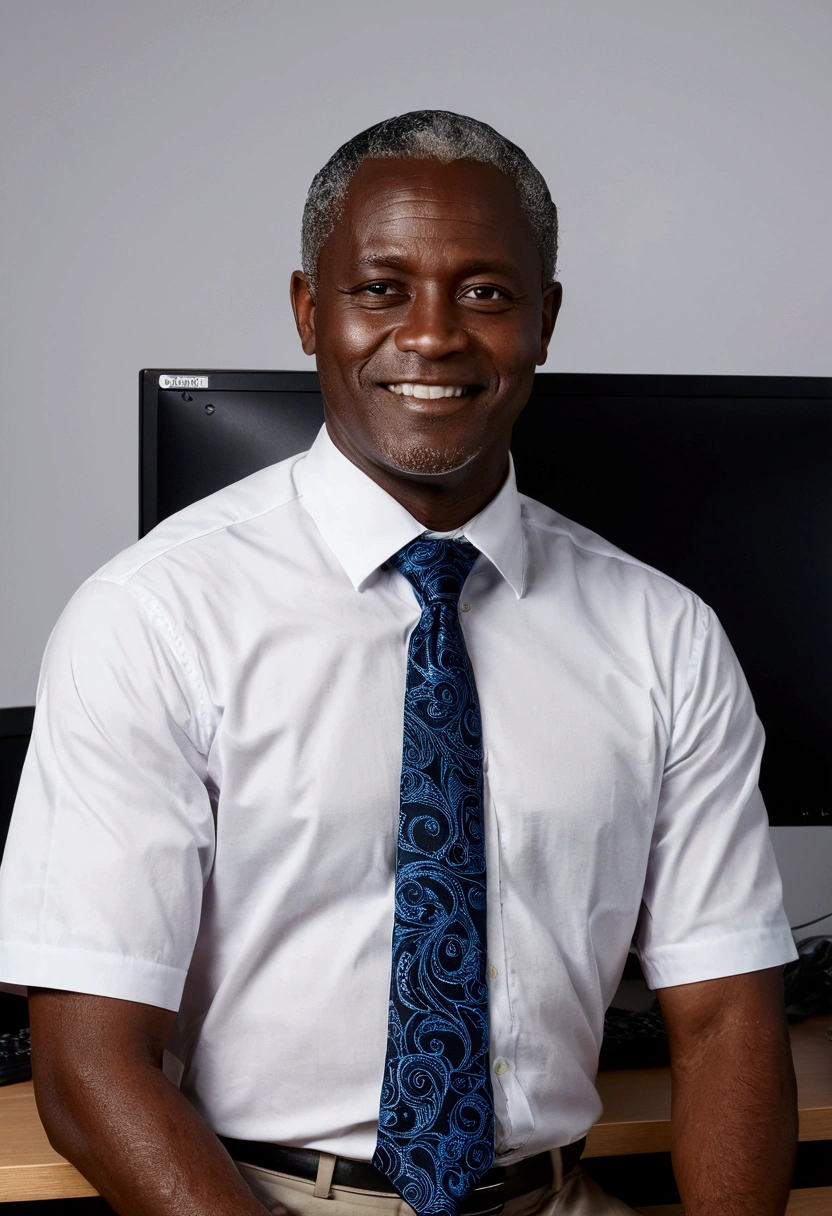 african man, fifty, small eyes, slightly-smile, grey hair, custom, in front of the computer, Commercial Image, realisitic, foto hd, high resolution, custom, chemise, necktie, desk, computers, custom noir, chemise bleue, necktie, rot, necktie motifs africains, mains sur desk, senior citizen;