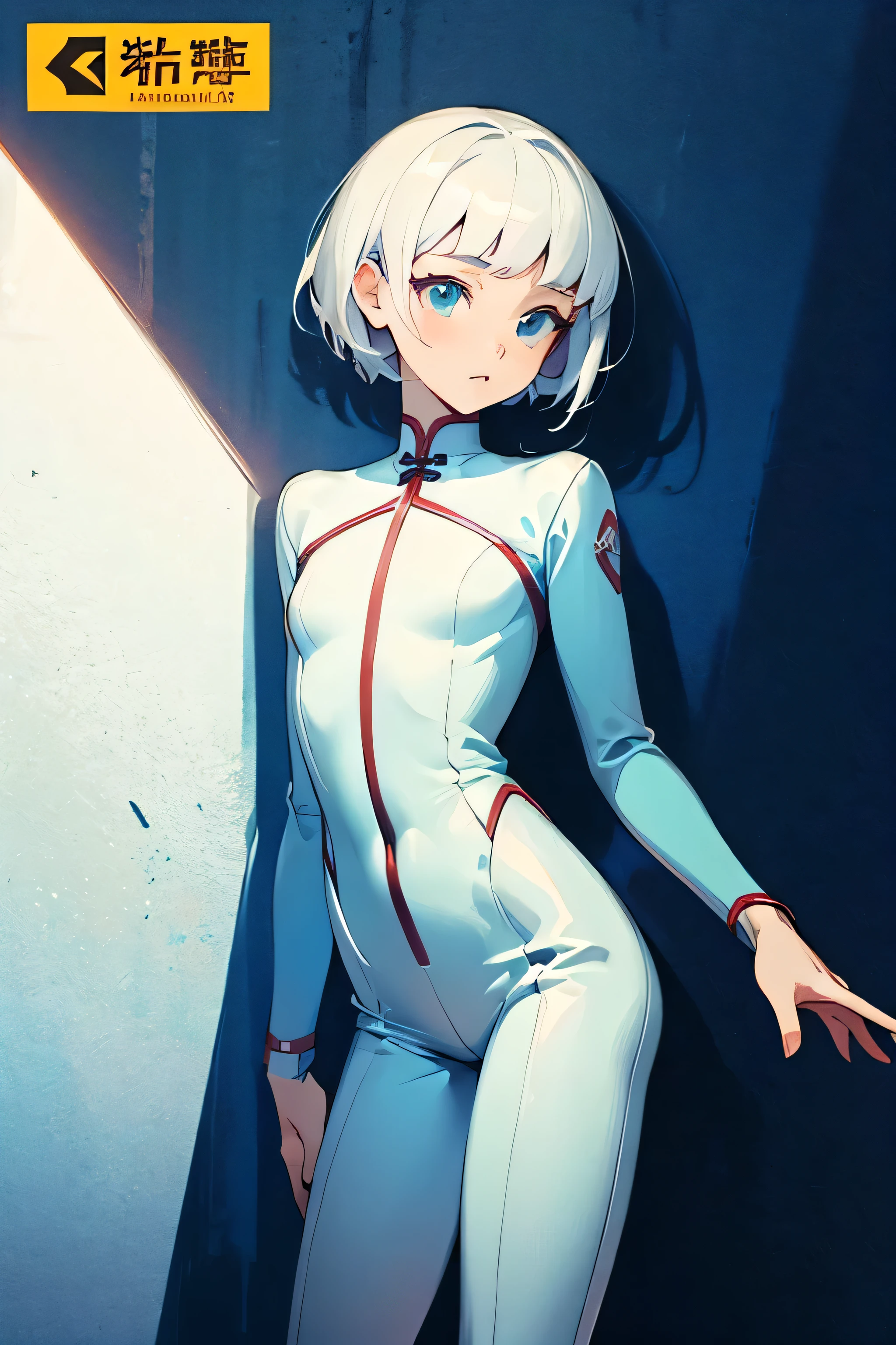 ((best quality)), ((masterpiece)), (detailed), Girls quadratic，comics，Flat Wind，Flat coating，White short hair，Loose blue Mao suit