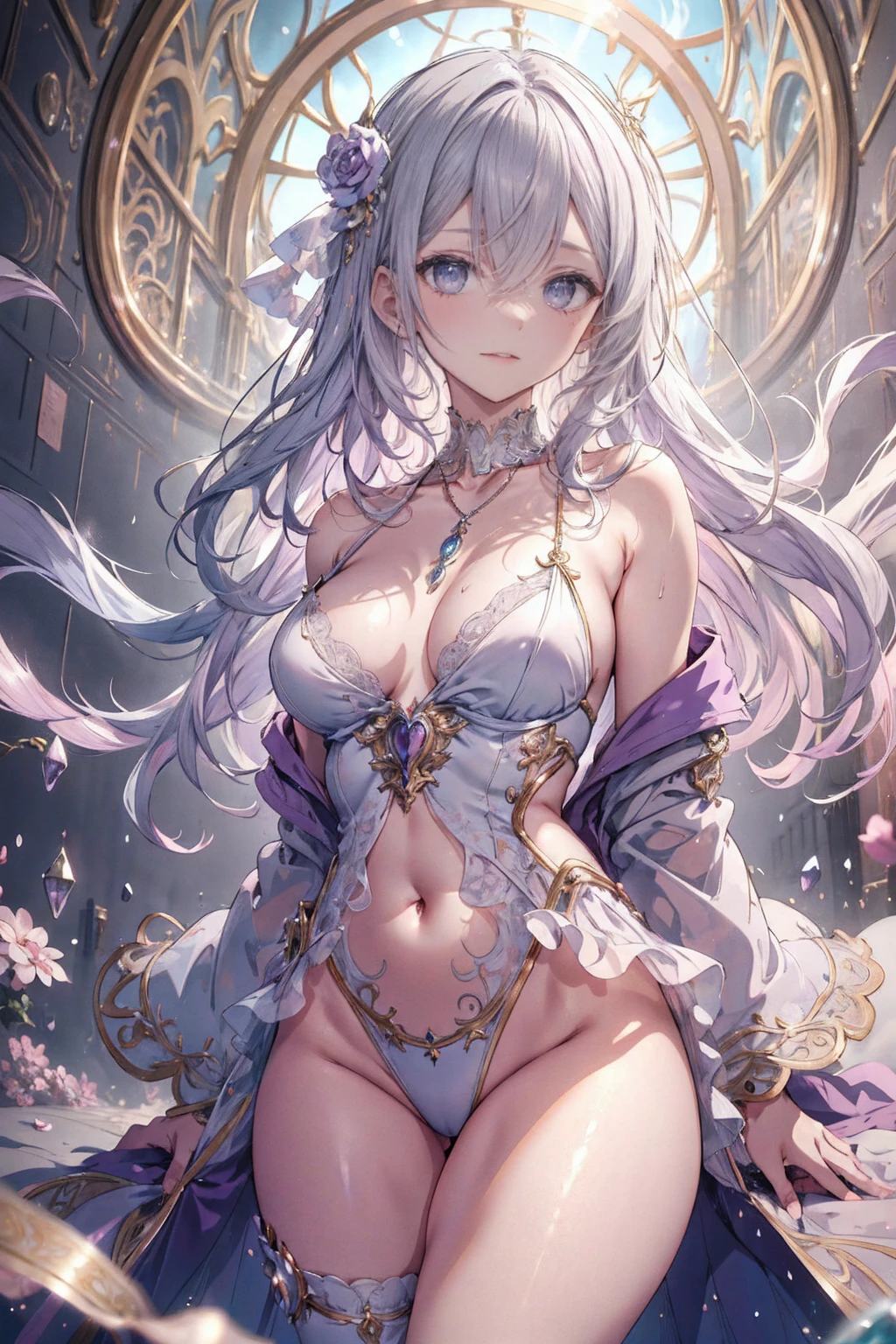 Anime Kawaii sexy Perfect Slim sensual body large breast and huge thighs, An intricate and highly detailed illustration of anime (Young girl). High definition RAW color image, animation,Carving, Silver Marble Skin, (((Elegant ultra detailed))), magical atmosphere, thin skin, texture,(confusingly detailed, Small parts, super detailed art), Depth of field, hips,silky touch, hyper-detailing, (pastel purple), gorgeous eyes, elegant face, Casual jacket, (trunk), neckless, to heaven, vento podrumyanivanie, bright sky background, Breasts huge