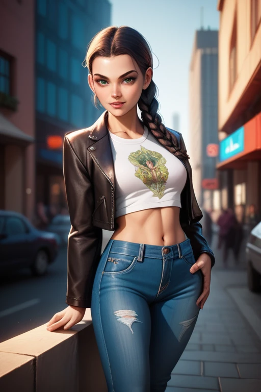 Hungarian woman with an athletic and toned physique; striking features with high cheekbones; green eyes; long, dark hair often styled in intricate braids; 'light olive' skin; best quality; trending on artstation; complex volumetric lighting; strong shadows; artistic lighting; dynamic; energetic vibe; realistic skin; specular highlights; micro-textures; highly detailed hair; posing confidently by the city docks; leather jacket; gang leader; denim jeans