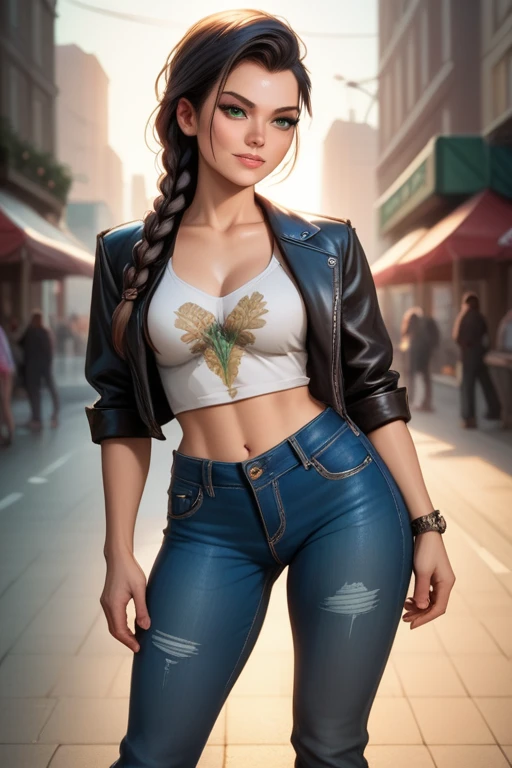 Hungarian woman with an athletic and toned physique; striking features with high cheekbones; green eyes; long, dark hair often styled in intricate braids; 'light olive' skin; best quality; trending on artstation; complex volumetric lighting; strong shadows; artistic lighting; dynamic; energetic vibe; realistic skin; specular highlights; micro-textures; highly detailed hair; posing confidently by the city docks; leather jacket; gang leader; denim jeans