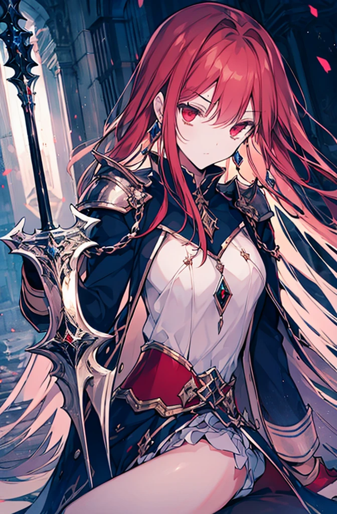 4k,hight resolution,One Woman,Bright red long hair,Longhaire,red eyes,knights,white sacred armor,jewel decorations,Big sword,medieval town,furious,