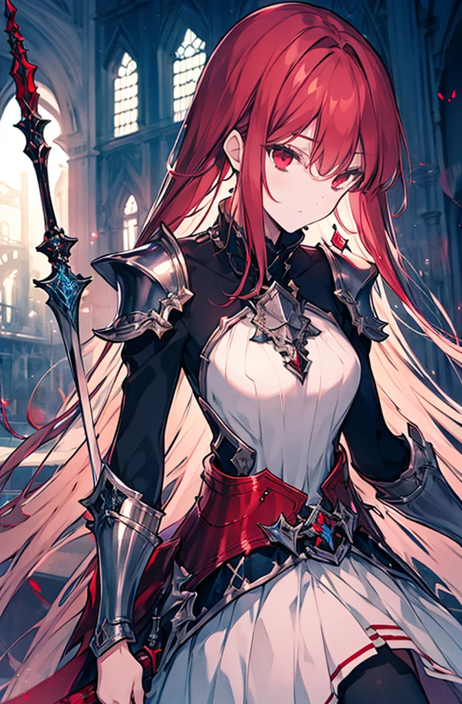 4k,hight resolution,One Woman,Bright red long hair,Longhaire,red eyes,knights,white sacred armor,jewel decorations,Big sword,medieval town,furious,